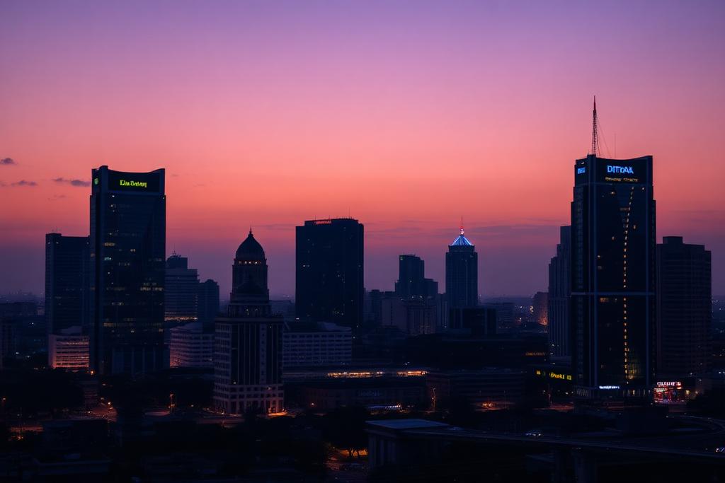 City financial district skyline at dusk