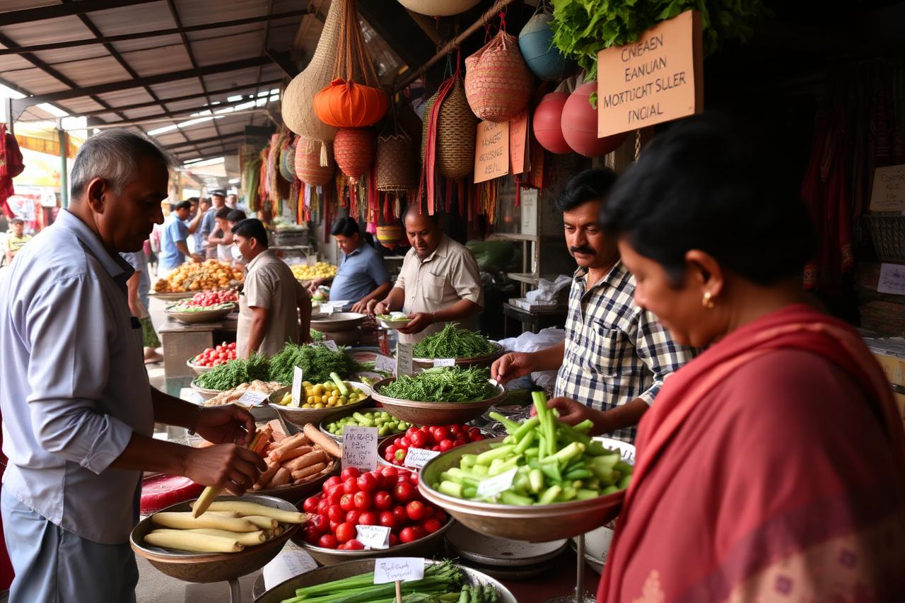 Vendors weighing vegetables at a busy wholesale market